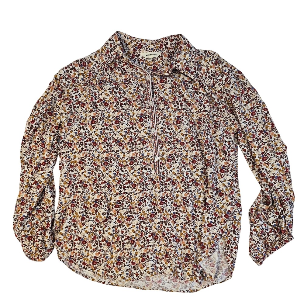 Max Studio Womens XS Floral Long Sleeve Button Front BlouseBurgundy Mustard Blue